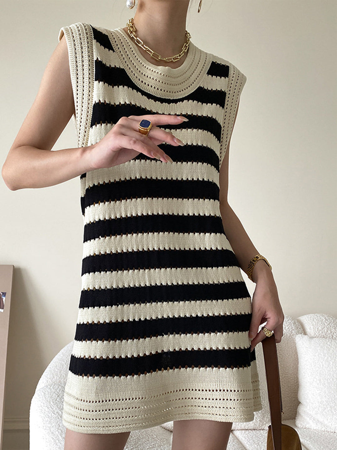 ALESSANDRA - Eyelet Stripe Knit Short Dress